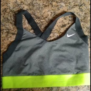 Grey and Neon green/yellow Nike sports bra.